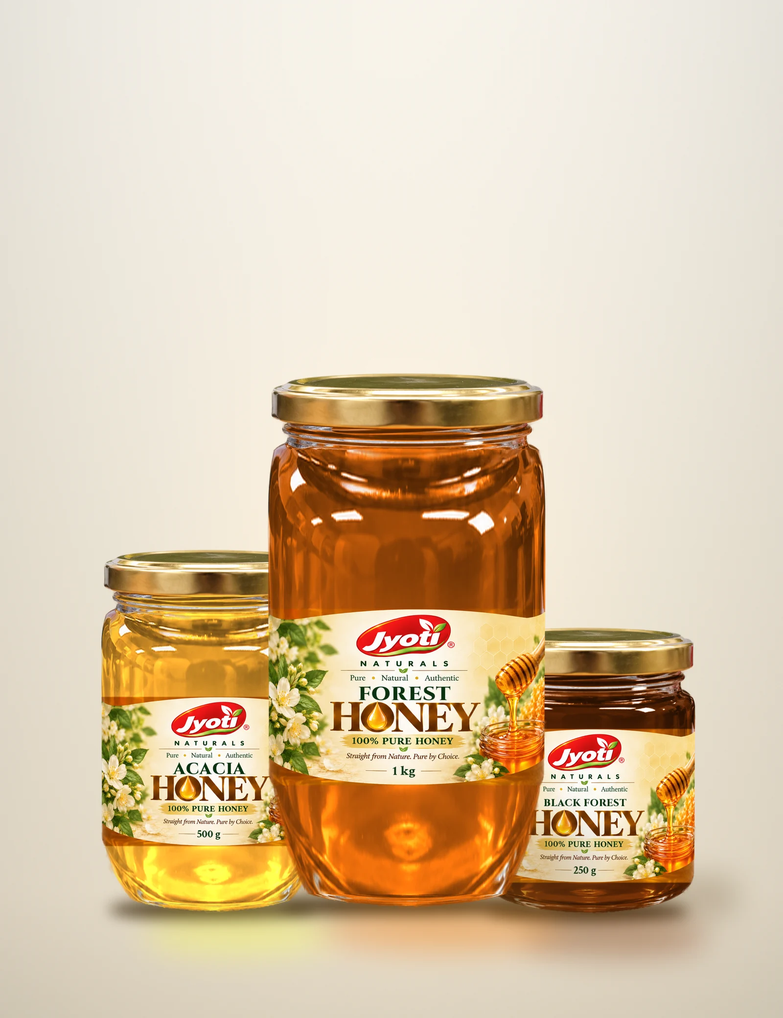 Jyoti Acacia, Forest and Black Forest honey jars