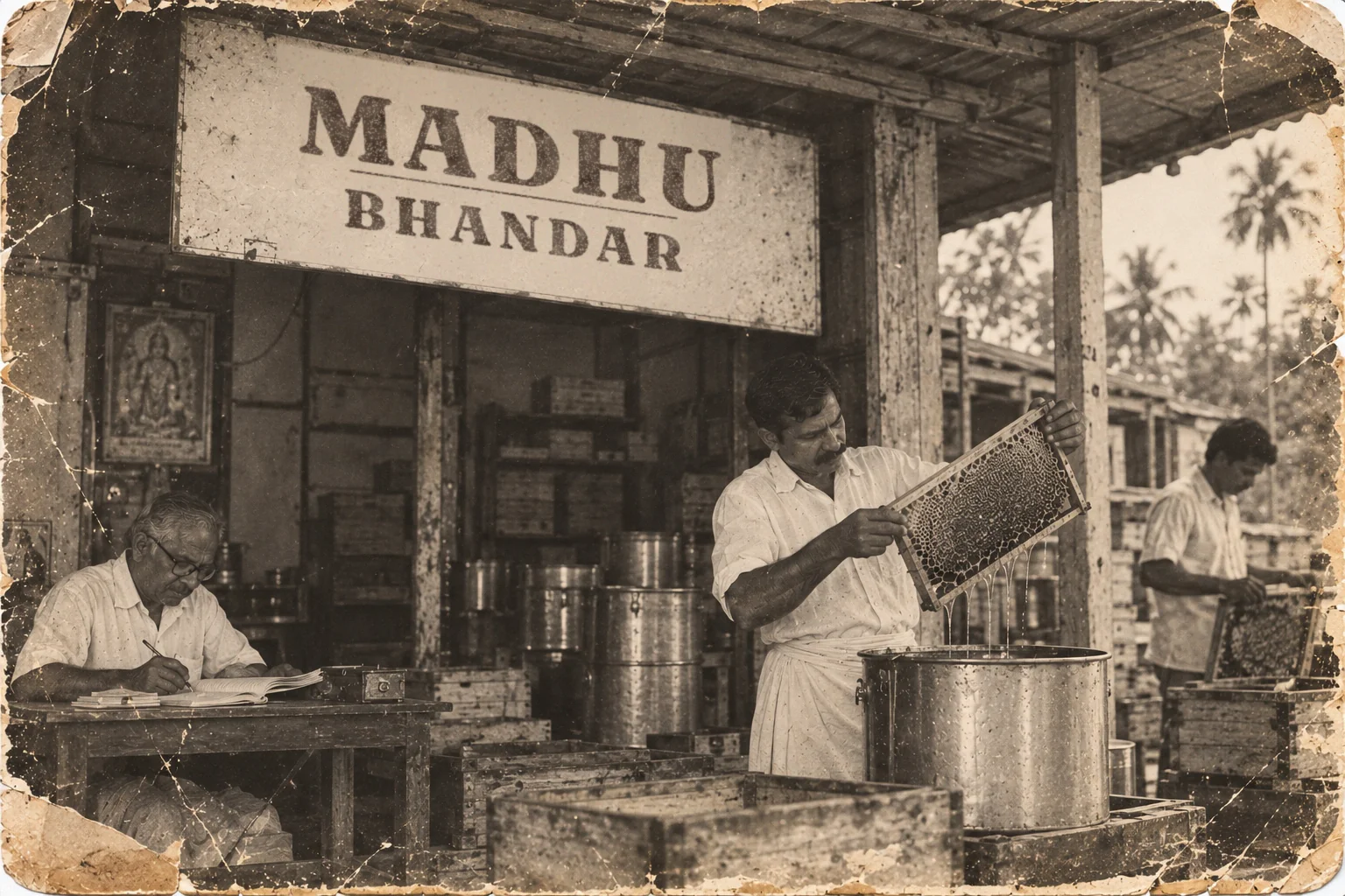Vintage-style honey shop with a beekeeper holding a honeycomb frame